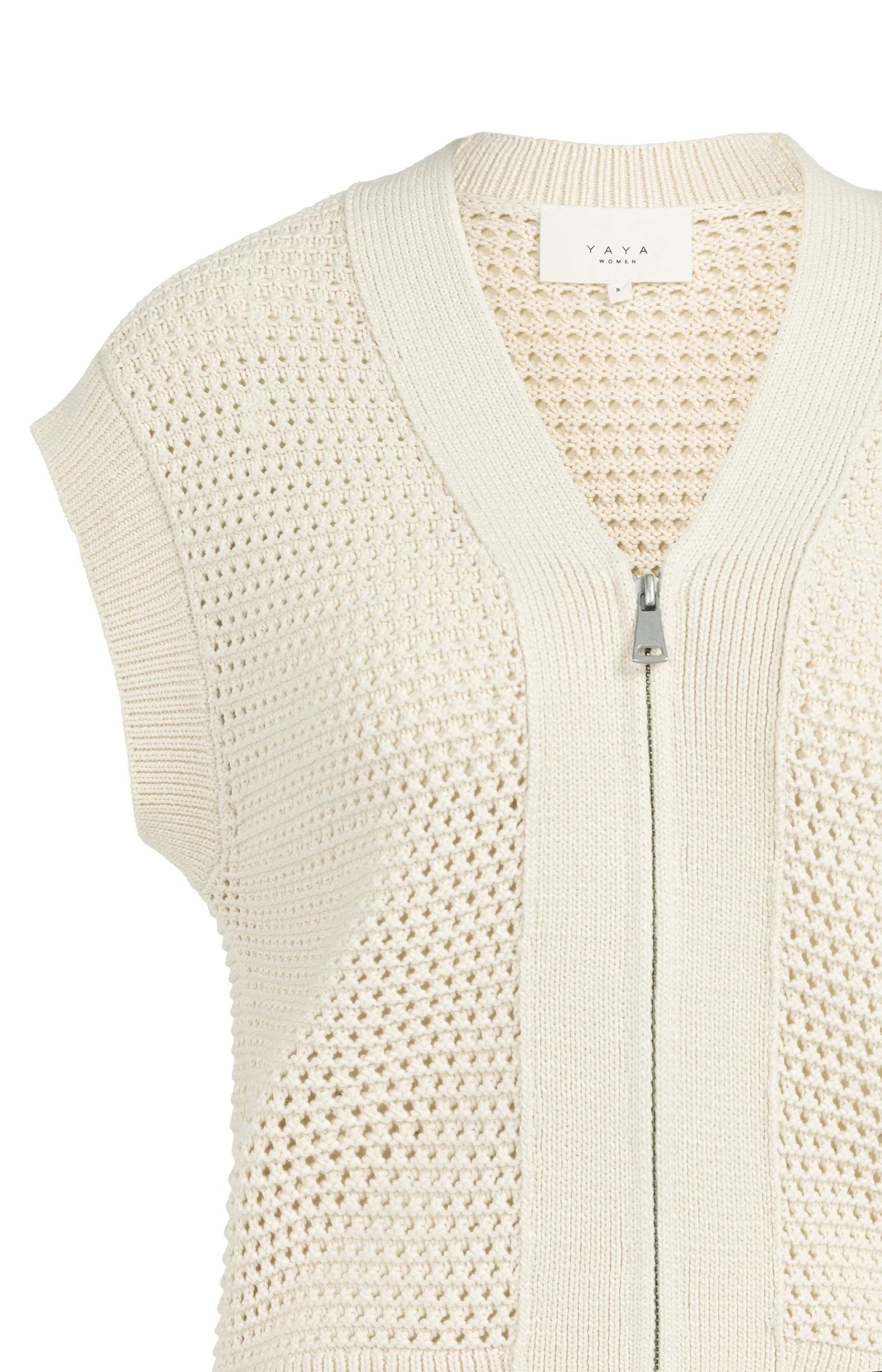 Sleeveless Mesh Knit Cardigan with Zip Closure - Crème Beige