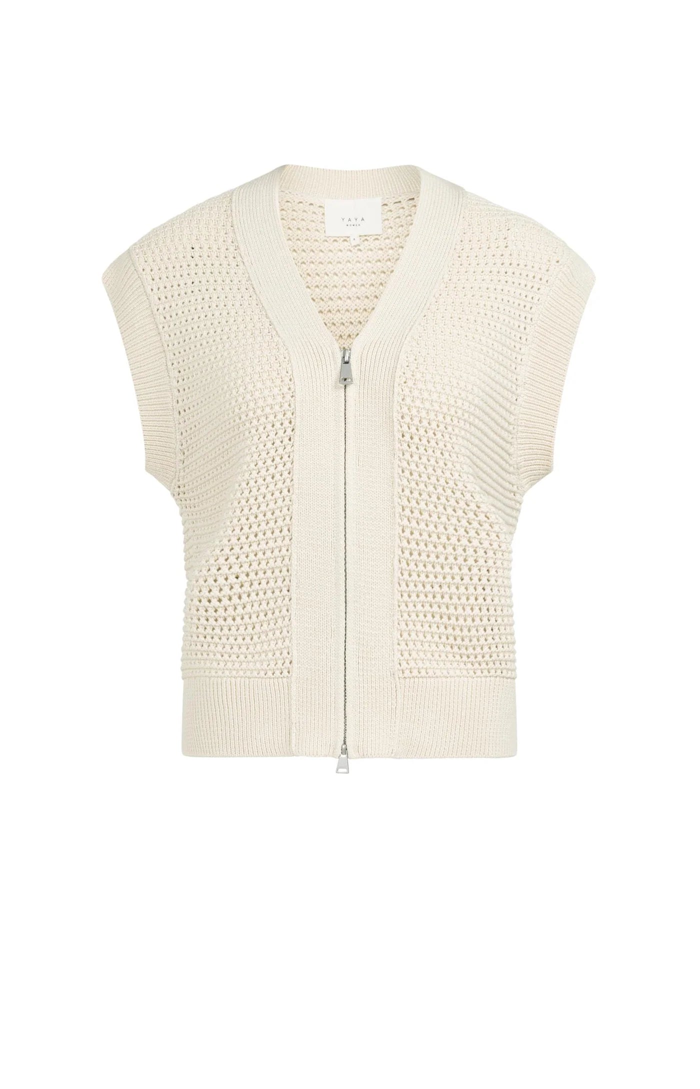 Sleeveless Mesh Knit Cardigan with Zip Closure - Crème Beige