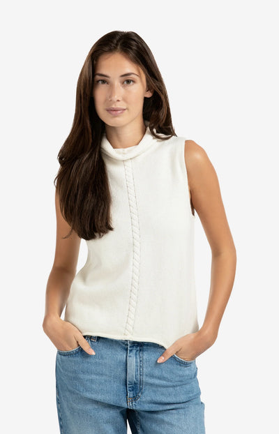 Cable High Neck Sleeveless Sweater - Off White