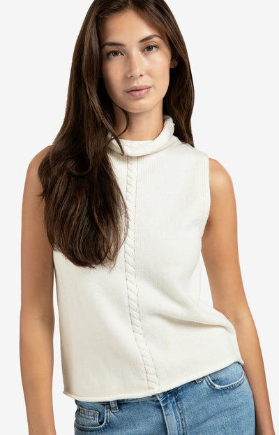 Cable High Neck Sleeveless Sweater - Off White