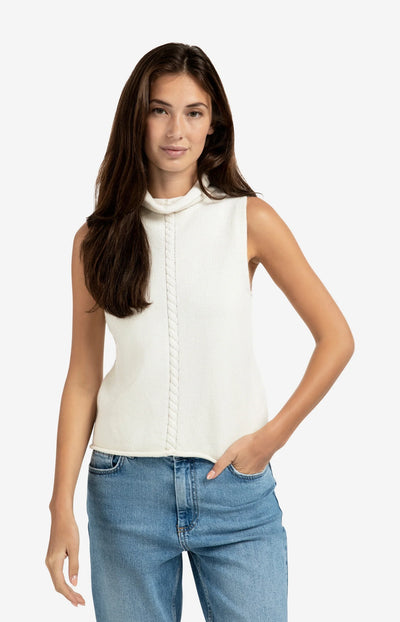 Cable High Neck Sleeveless Sweater - Off White