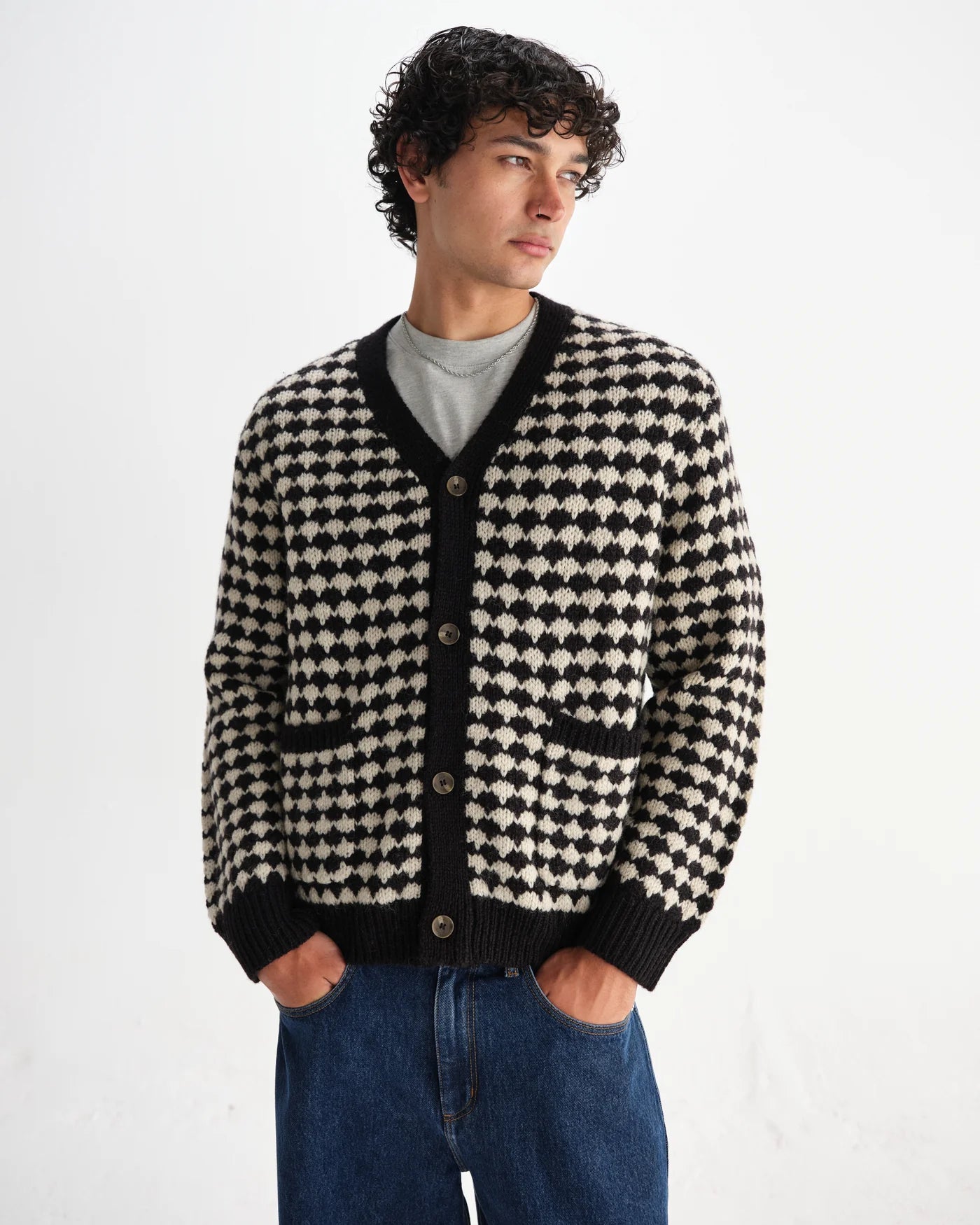 Walker Cardigan - Black And Ecru Bubble Knit Cardigan