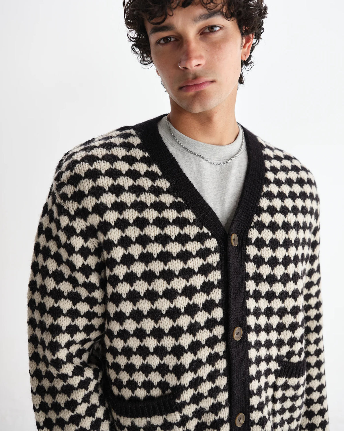 Walker Cardigan - Black And Ecru Bubble Knit Cardigan