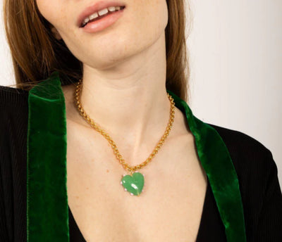 XL Milagros Heart Belcher Chain Necklace - Gold/Jade Green