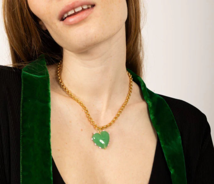 XL Milagros Heart Belcher Chain Necklace - Gold/Jade Green